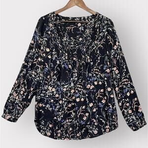 Lucky Brand Blouse Top Women M Black Floral‎ Ruched Bib Long Sleeves Boho T78